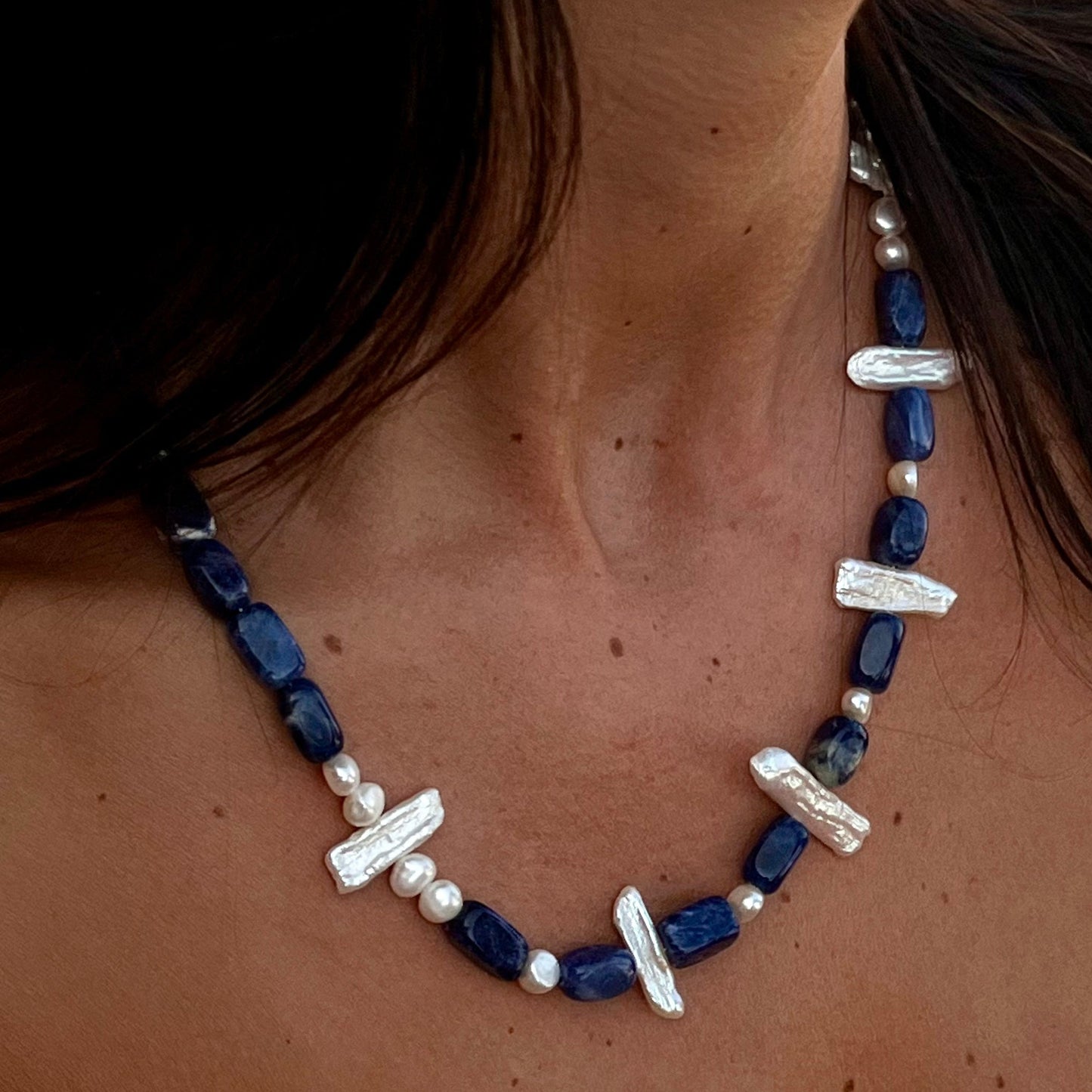 Night in the Forest Necklace with sodalite stones, pearls and recycled silver
