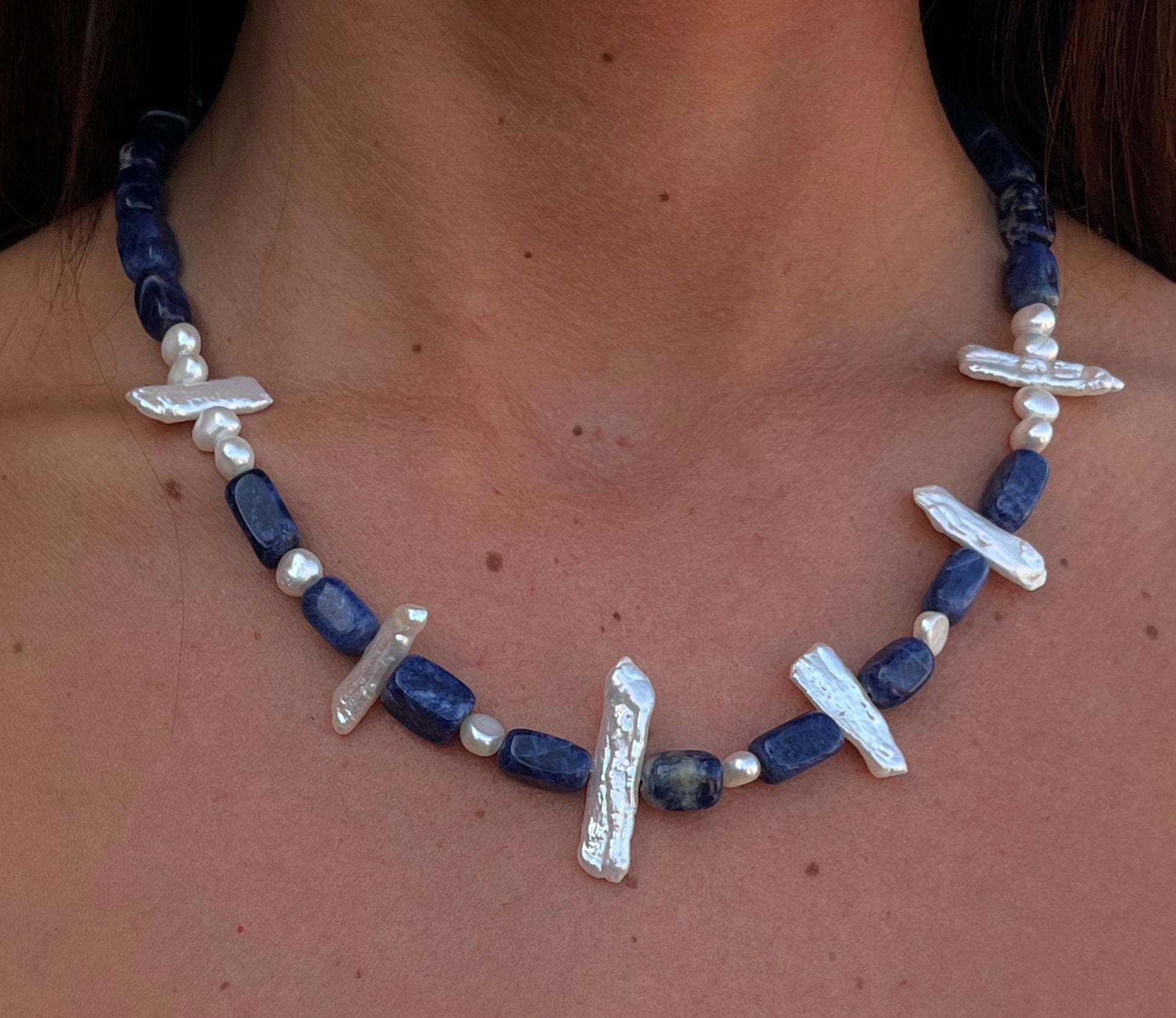 Night in the Forest Necklace with sodalite stones, pearls and recycled silver