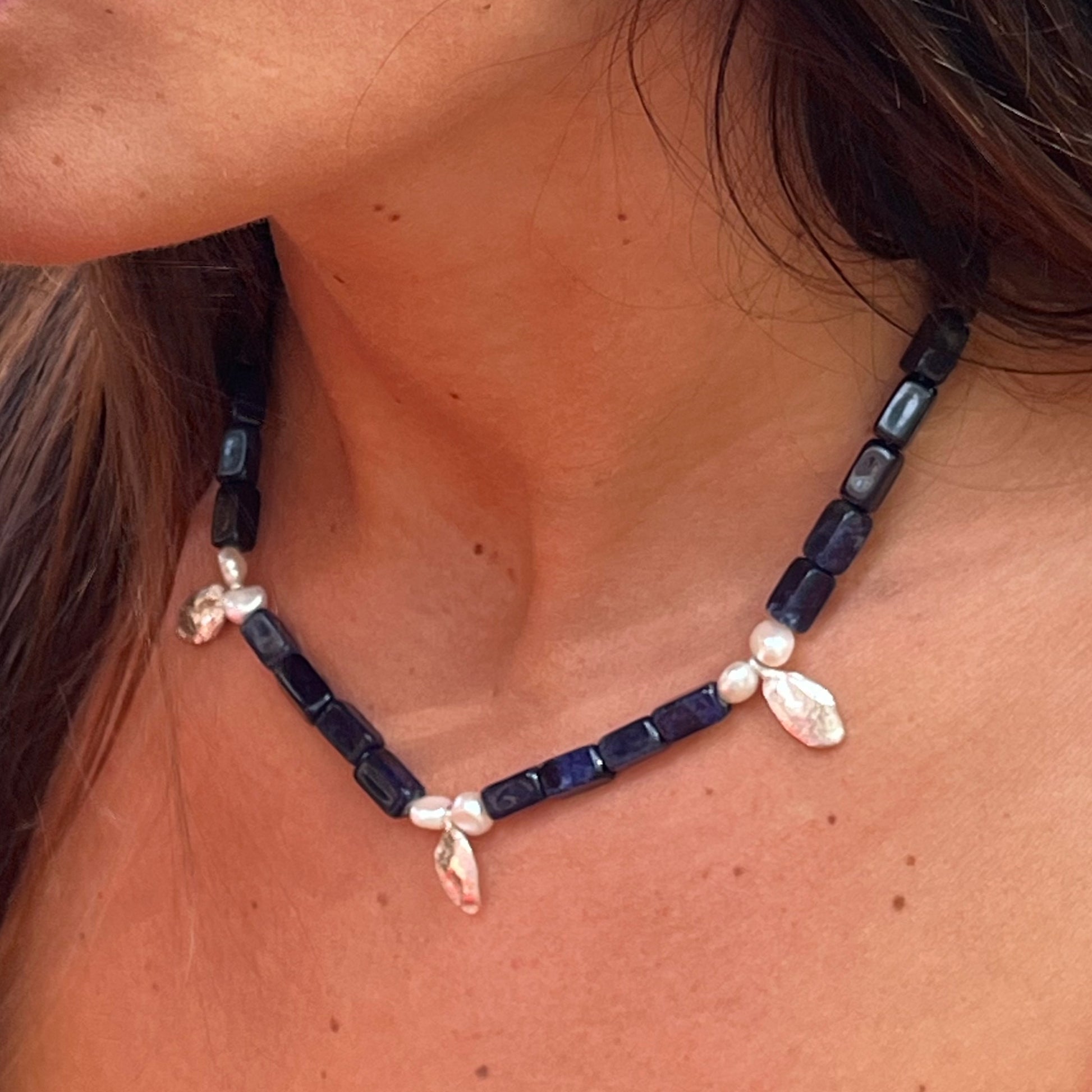 Night in the Forest Necklace with sodalite stones, pearls and recycled silver pips
