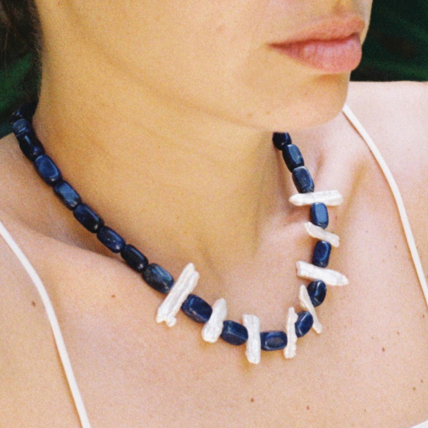 Night in the Forest Necklace with sodalite stones, pearls and recycled silver