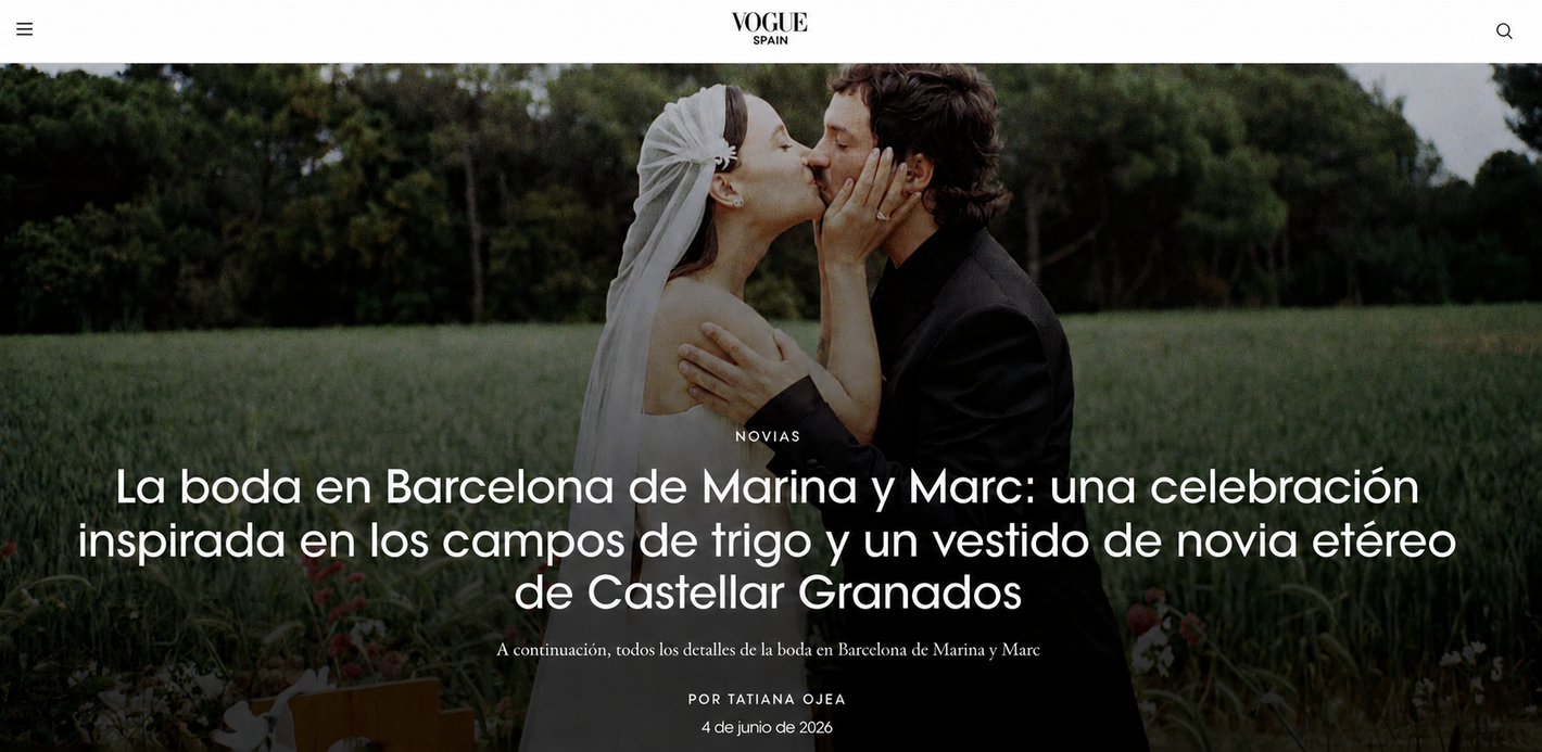 Marina and Marc during their wedding in Barcelona, featured in Vogue Spain, wearing jewellery by Aguamarga Studio